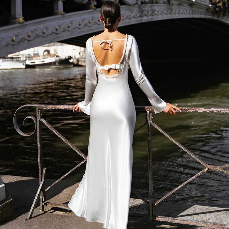 

Ticketsx Women Backless Lace Up Dress Solid Sexy V Neck Bow Lace Patchwork Split Long Dress Elegant Luxury Party Evening Dresses