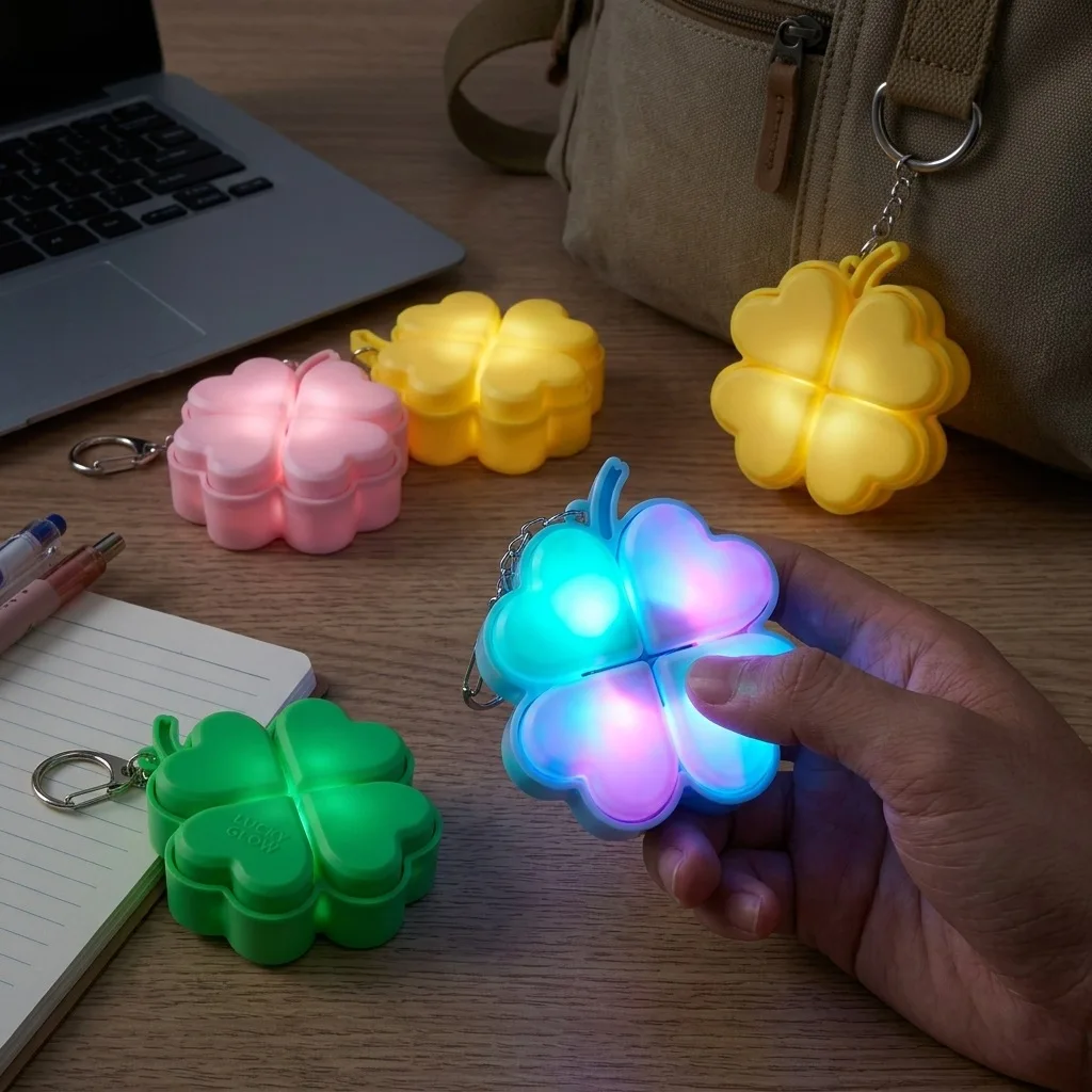 Porte-clés Lumineux Trèfle à Quatre Feuilles Porte-bonheur, Clicker Portable Anti-stress, Breloque Lumineuse pour Sac à Dos, Idéal comme Cadeau