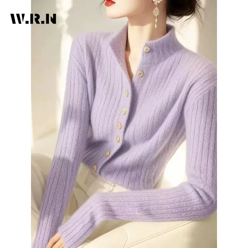 Women Luxury Purple Knitting Long Sleeve Round Neck Cardigans 2025 Winter Elegant Fashion Casual Single Breasted Warm Sweater