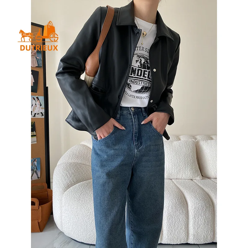 

2025 New Spring Autumn Women's Black Simple Real Leather Jacket, 100% Genuine Sheepskin, Fashion and Slim Coat for Women