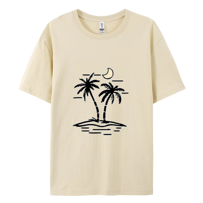 

Coconut Tree Print Women's T-Shirt Summer Cool 100% Cotton Fabric Short Sleeve Oversized Crewneck Unisex Top Casual Simple Wear