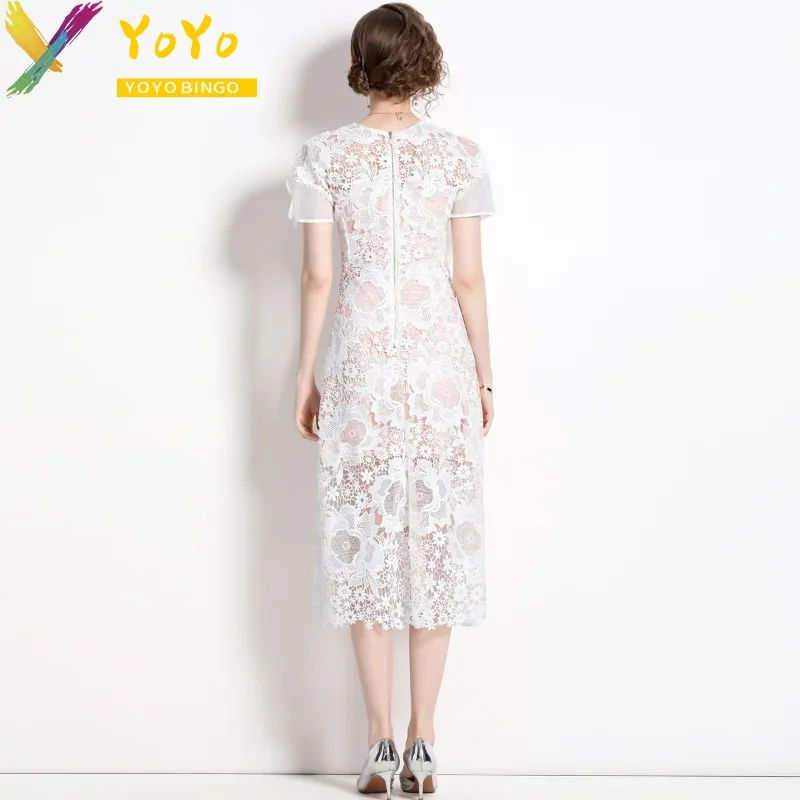 YoYo Bingo 2023 Summer White Elegant Formal Hollow Lace Embroidered Flower Ruffle Sleeve Dress Slim Bodycon Party Club Dress