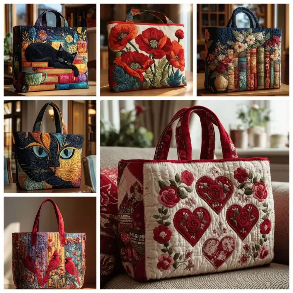 High Quality Cat Pattern Quilted Tote Bag Large Capacity Floral Print Shoulder Tote Bag Durable Soft Shoulder Bag