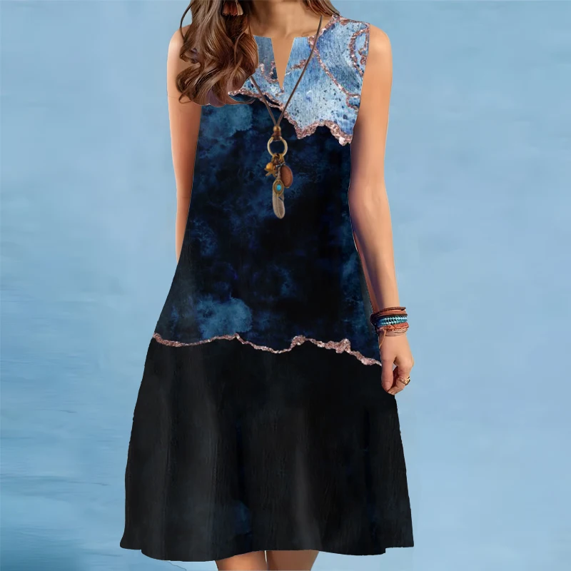 New Summer Print A-Line Dress Women Casual Sexy Sleeveless V-neck Loose Mini Dress Elegant Landscape Oil Painting Dress Vestidos