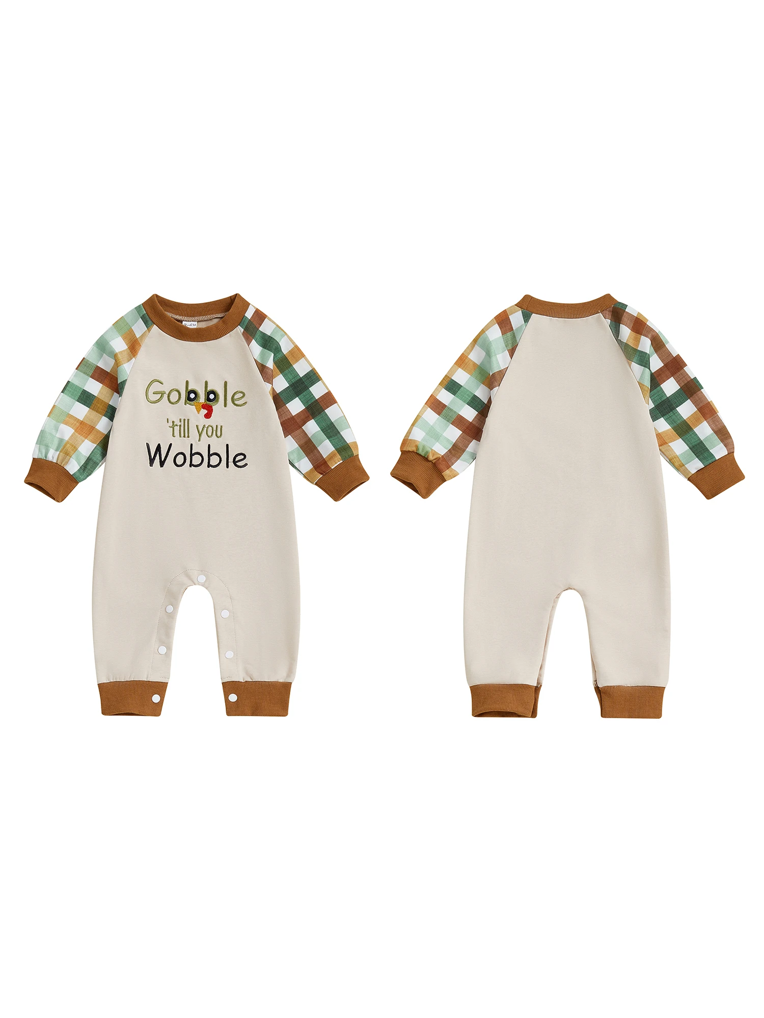 

Thanksgiving Baby Romper with Turkey Embroidery and Plaid Design Cozy Crew Neck Long Sleeve Jumpsuit for Autumn Festivities