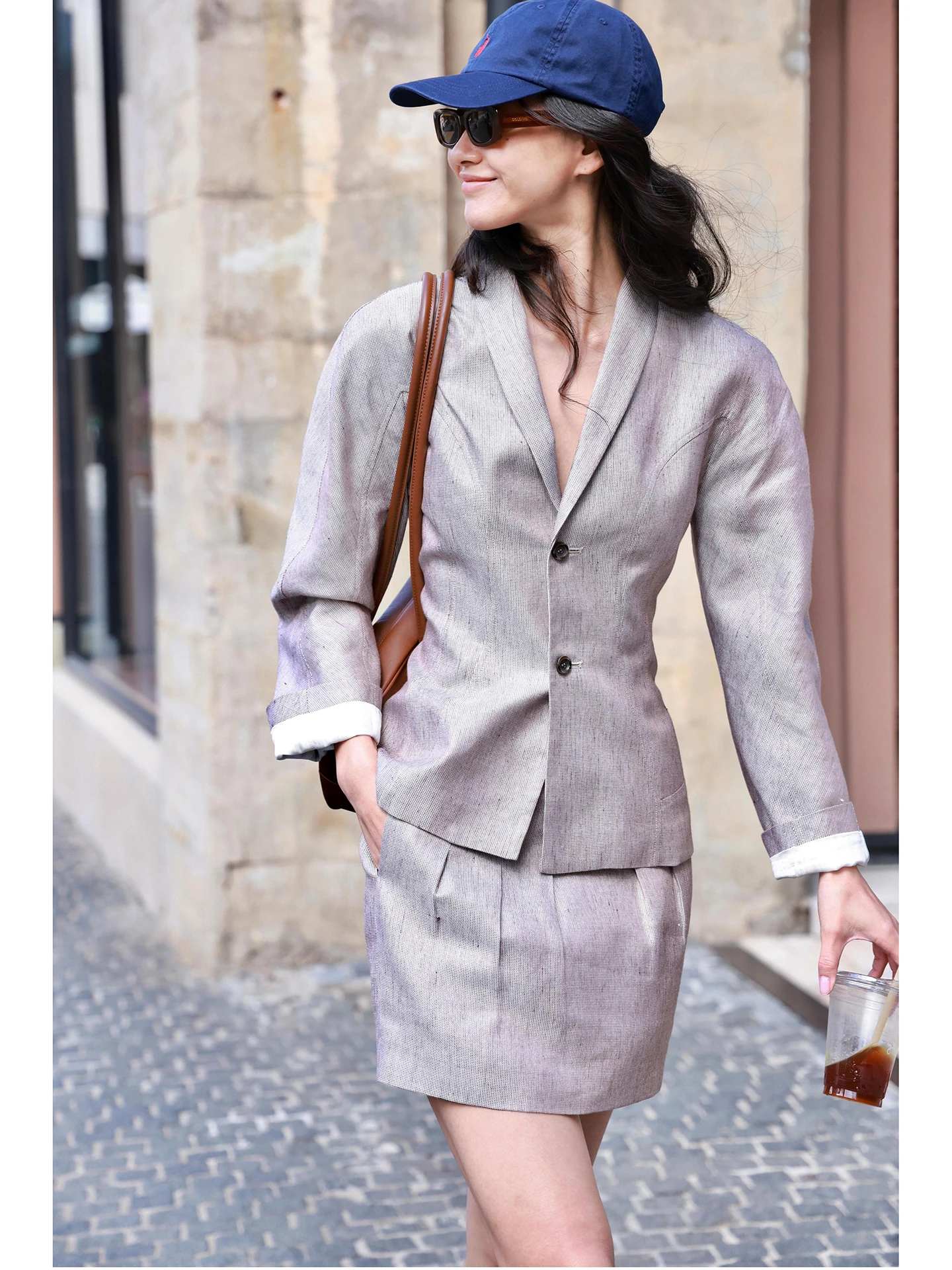 

FANNIU Весенне-летний новый стильный комплект: шелково-льняной пиджак в клетку, короткая юбка-русалка, дышащий, модный женский комплект.