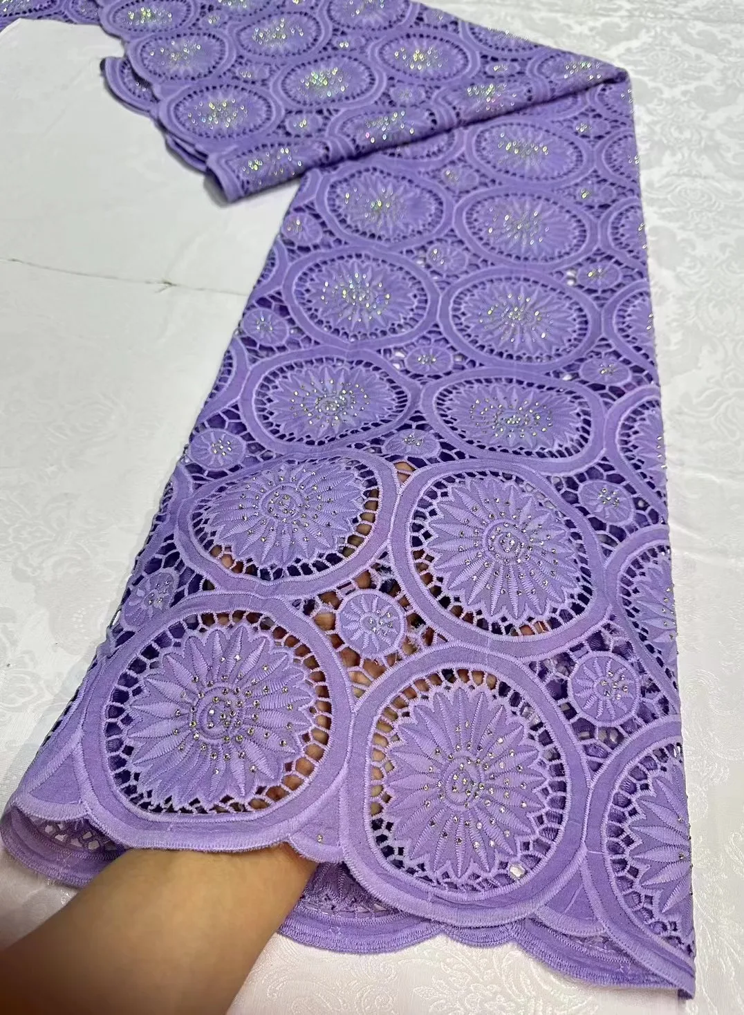 

2024 Purple high quality African lace fabric with stones retail 5 yards mesh lace for Nigerian sew african big wedding dress