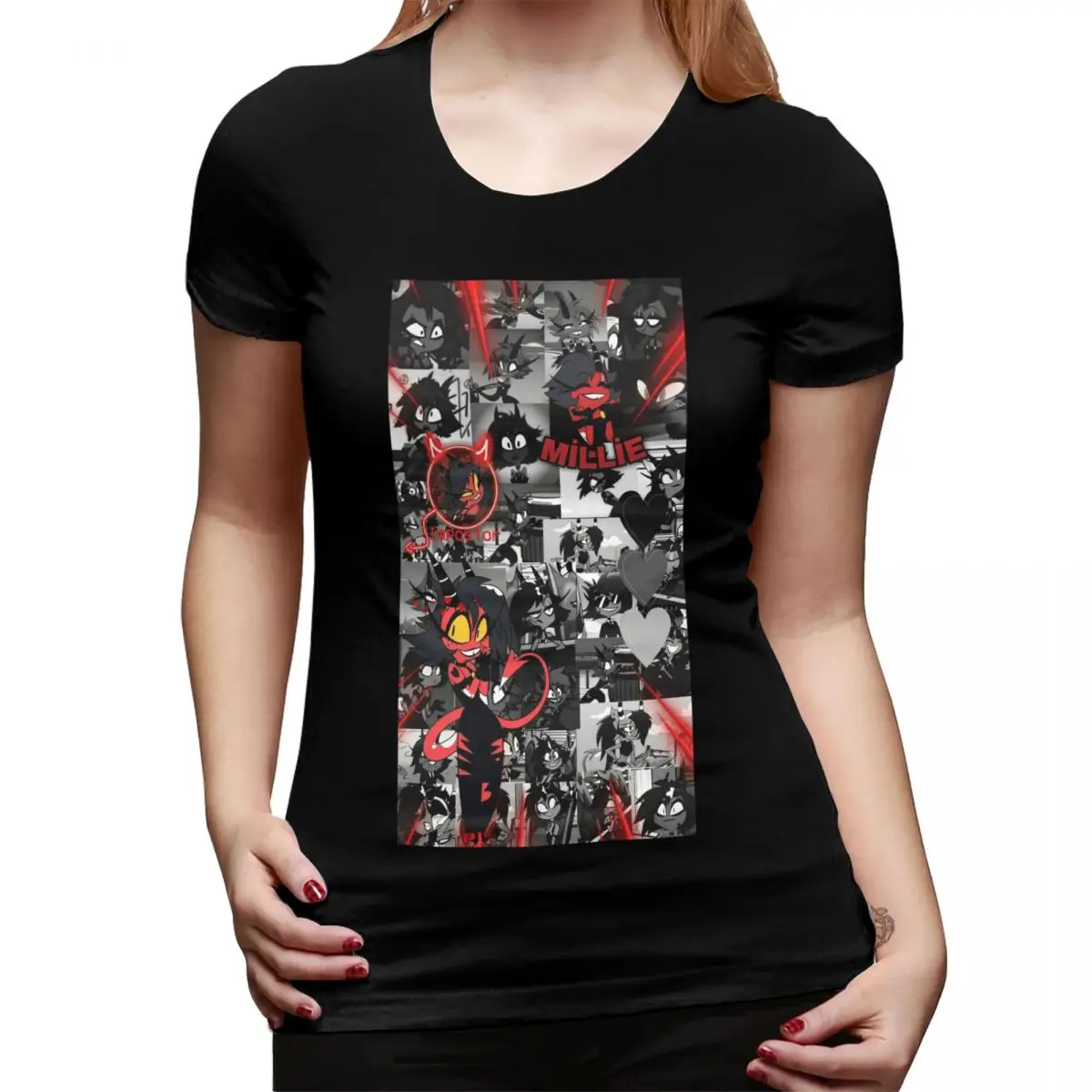 

Футболка с изображением аниме Helluva Boss Millie для женщин, уличная одежда с круглым вырезом, женские футболки с короткими рукавами, летняя одежда, топы