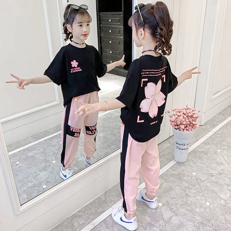 

2024 summer girls Clothes Child Sports Suit Teen tracksuit flower t shirt tops + Ankle-tied pants striped 4 5 7 8 10 11 12 years