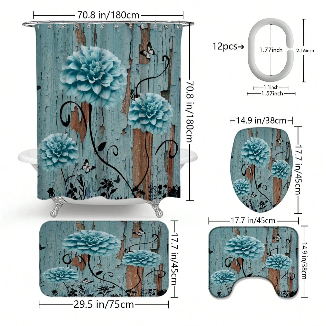 

4pcs Modern style printing Shower Curtain Set With 12 Hooks, Anti-Slip Bathroom Mat, U-Shaped Toilet Rug, Bathroom Curtain Set