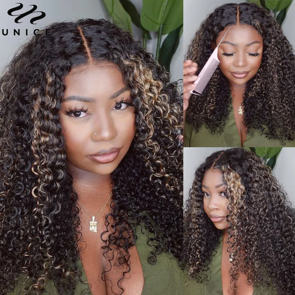 UNice Hair 7x5 Glueless Wig Balayage Highlight Curly Human Hair Lace Wig Pre Bleached Pre Cut Lace Clousure Wigs Ready To Wear