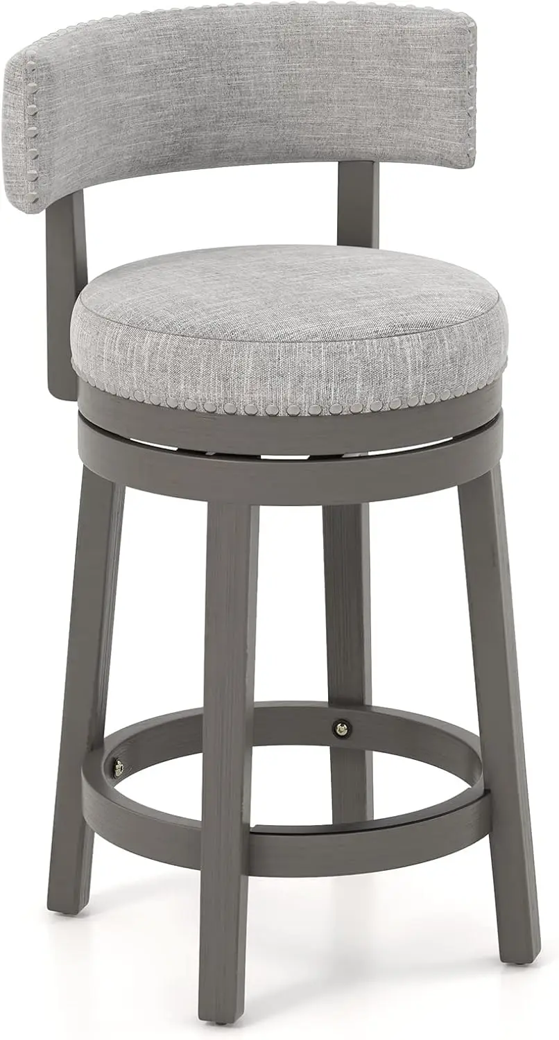 Bar Stool, 27-inch 360° Swivel Barstool with Upholstered Back & Seat, Solid Rubber Wood Legs & Footrest, Farmhouse Count