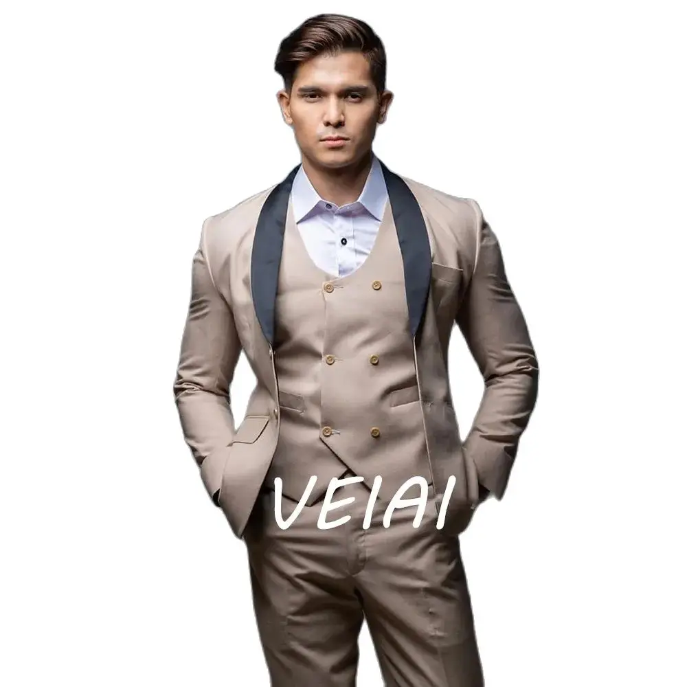 

Men Suit Black Shawl Lapel Jacket Pants Vest Three Piece Single Breasted Wedding Champagne Fashion Business Slim Fit Spring