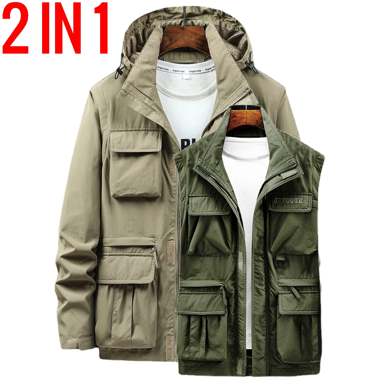 2024 2 En 1 Men Tactical Jacket Spring Quick Dry Military Style Army Coat Multi Pocket Hooded Windbreaker Waterproof Bomber Male