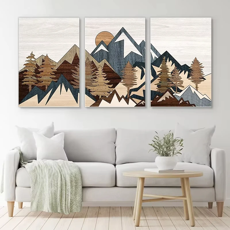 3 PCS Canvas Print Posters Wall Art Wood Panel Effect Mountain Range Top Prints Painting Modern Art Rustic Decor for Living Room