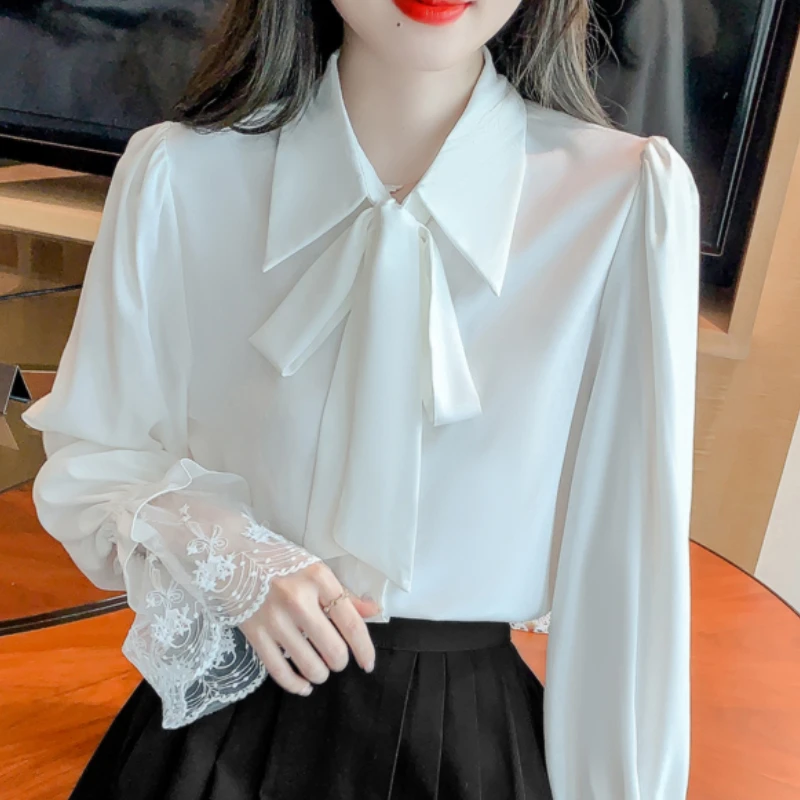 Females Blusas Mujer Fashion Chiffon Blouses for Women Dropshipping Solid Elegant Office Ladies Long Sleeves Tops V-Neck Bow