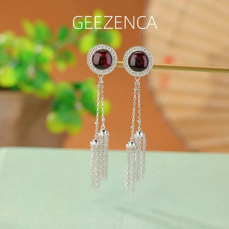 

GEEZENCA 925 Sterling Silver Natural Red Amber Long Tassel Dangle Earrings For Women Geometric Simple Chic Earring 2024 New Gift