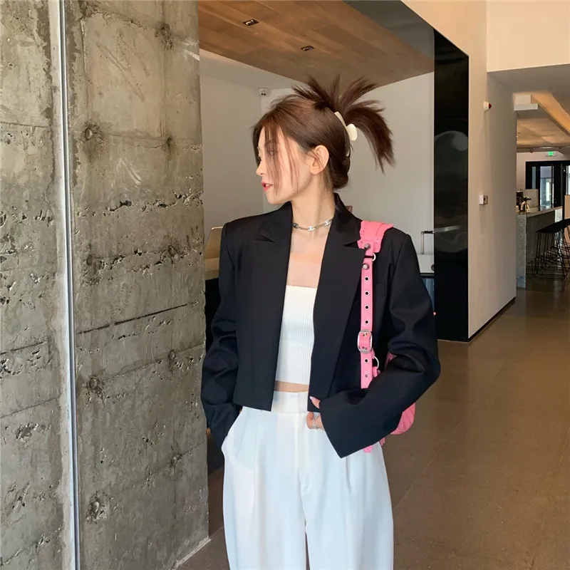 

Women Black Slim Short Suit Jacket Spring Summer New Notched Collar Long Sleeve Blazers Female Cropped Cardigan Coat Veste Femme