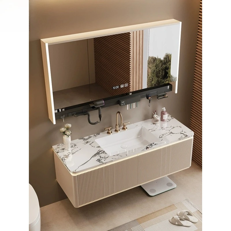 Luz de luxo madeira maciça integrado inteligente espelho armário do banheiro combinação lavatório do banheiro armário