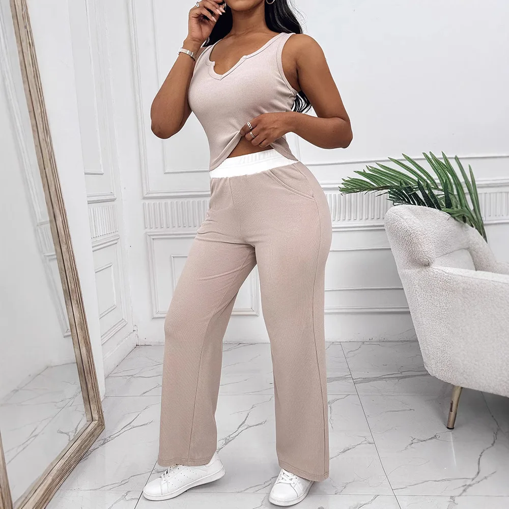 

Женский летний комплект из двух предметов, топ без рукавов с вырезом на шее, эластичная талия, прямые брюки, комплекты для отдыха, спортивный костюм