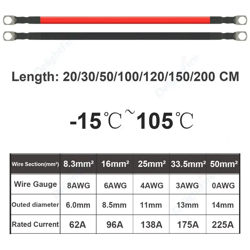 8/6/4/3/0AWG Battery Inverter Cable Set with Terminals 20/30/40/50/100/200CM Stranded RV Copper Cord Solar Power Connection Wire