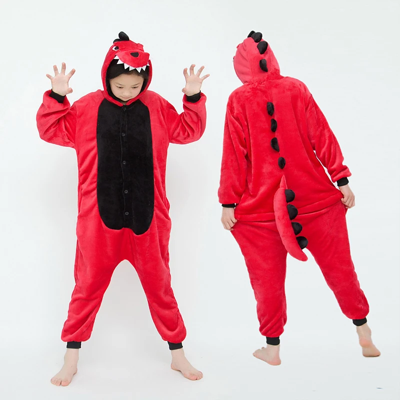 Kigurumi Kids Cute Red Dinosaur Animal Cartoon Pajamas Children Sleepwear Girls Boys Onesies For Christmas Halloween Party