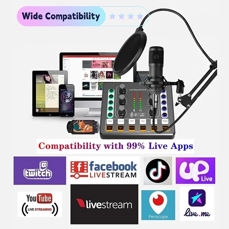 BM-800 보이스 체인저 마이크가 포함된 오디오 녹음 스튜디오 세트 컴퓨터 라이브 스트리밍용 라이브 사운드 카드 YouTube TikTok