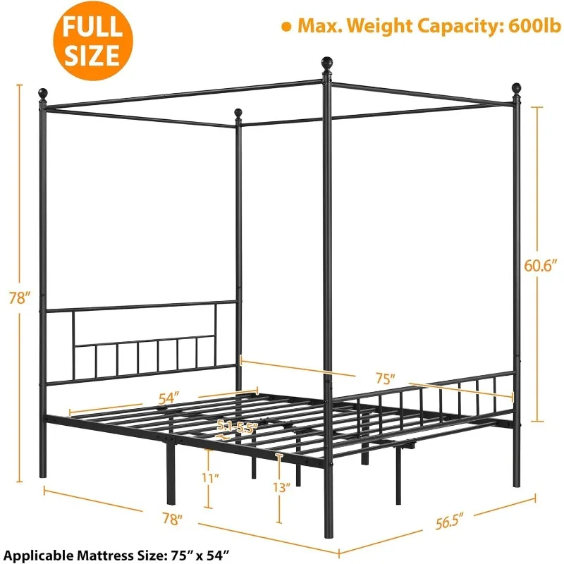 Platform Bed Frames Four-poster Canopied Bed Mattress Foundation with Headboard and Footboard Sturdy Slatted Structure,Black