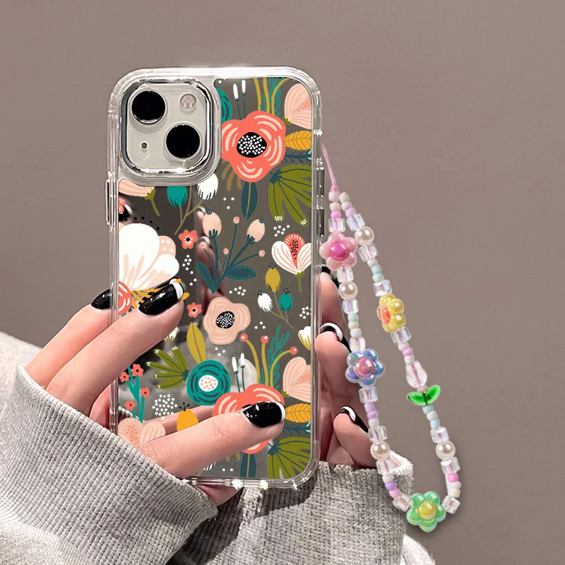 Mirror Make up Phone Cases For iPhone 15 Pro Max Case iPhone 14 13 11 12 Pro X XR XS Max Funda Soft TPU With Phone Lanyard Cover