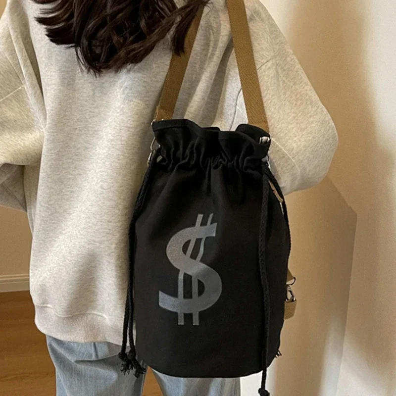 Dollar sign Canvas Commuter Bags High Capacity Drawstring Shoulder Bags Personalized Leisure Multi-functional Student Backpack