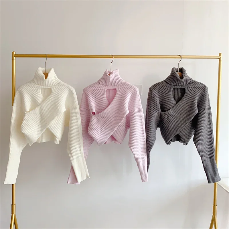 Kuzuwata Japanese Turtleneck Women Pull Femme Solid Color Long Sleeve 2 way Criss-cross Jumpers Vintage Knit Pullover Sweaters