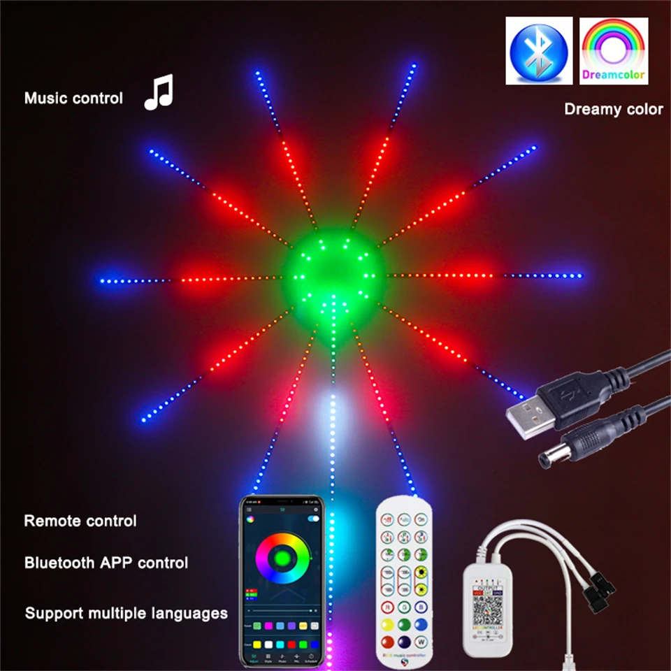 Tira de luces LED de fuegos artificiales para decoración del hogar, tira de luces de hadas con controlador de música WIFI, USB, RGB, para decoración