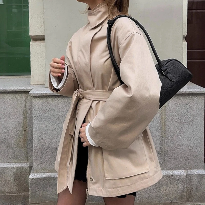 Temperamento Stile semplice, Colletto rialzato in tinta unita, Vita allacciata, Trench di media lunghezza, Nuovo stile da donna 2025