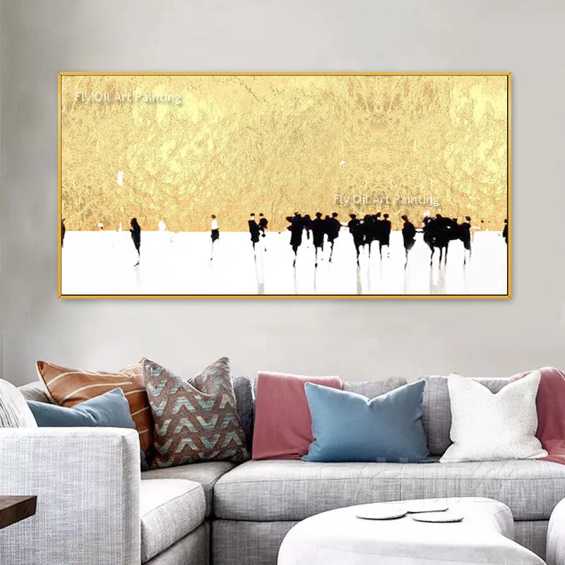 Modern Minimalist Abstract Oil Painting Hand Painted Gold Foil Texture Artwork Wall Decor for Living Room Large Canvas Art
