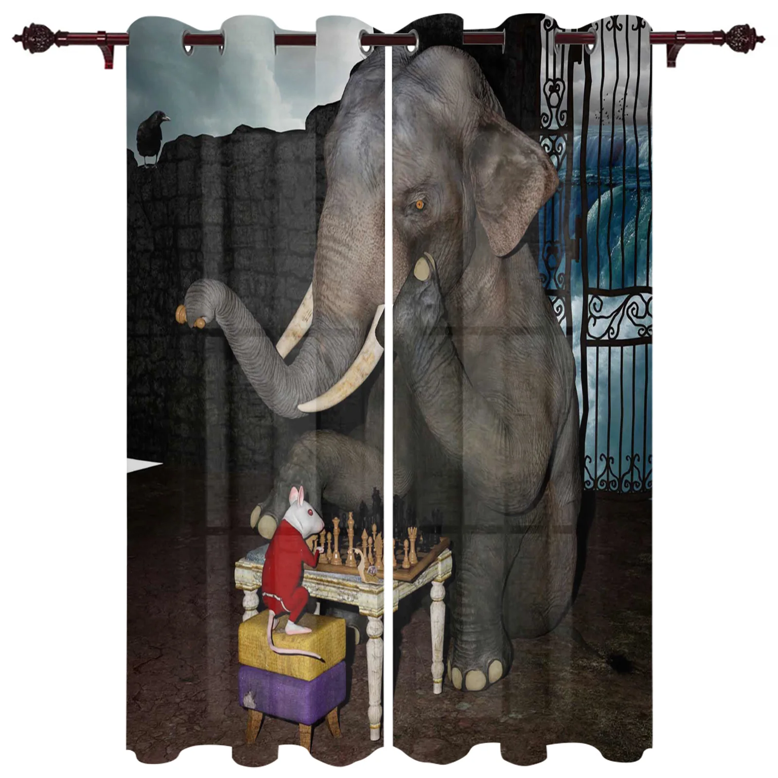 Elephant Mouse Playing Chess Window Curtains In The Living Room Kitchen Window Curtains Drapes Printed Window for Bedroom