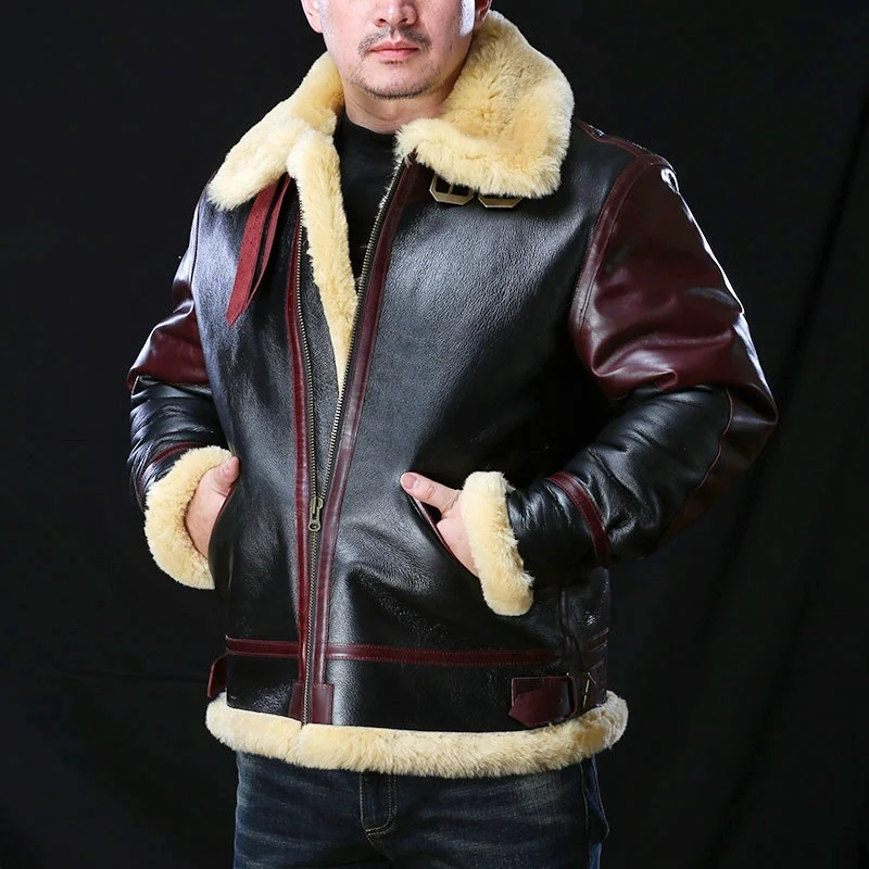 B31901 Asian Size Quality Warm Thick Heavy Genuine Sheep Leather Mens Winter Shearling Fur B3 Jacket