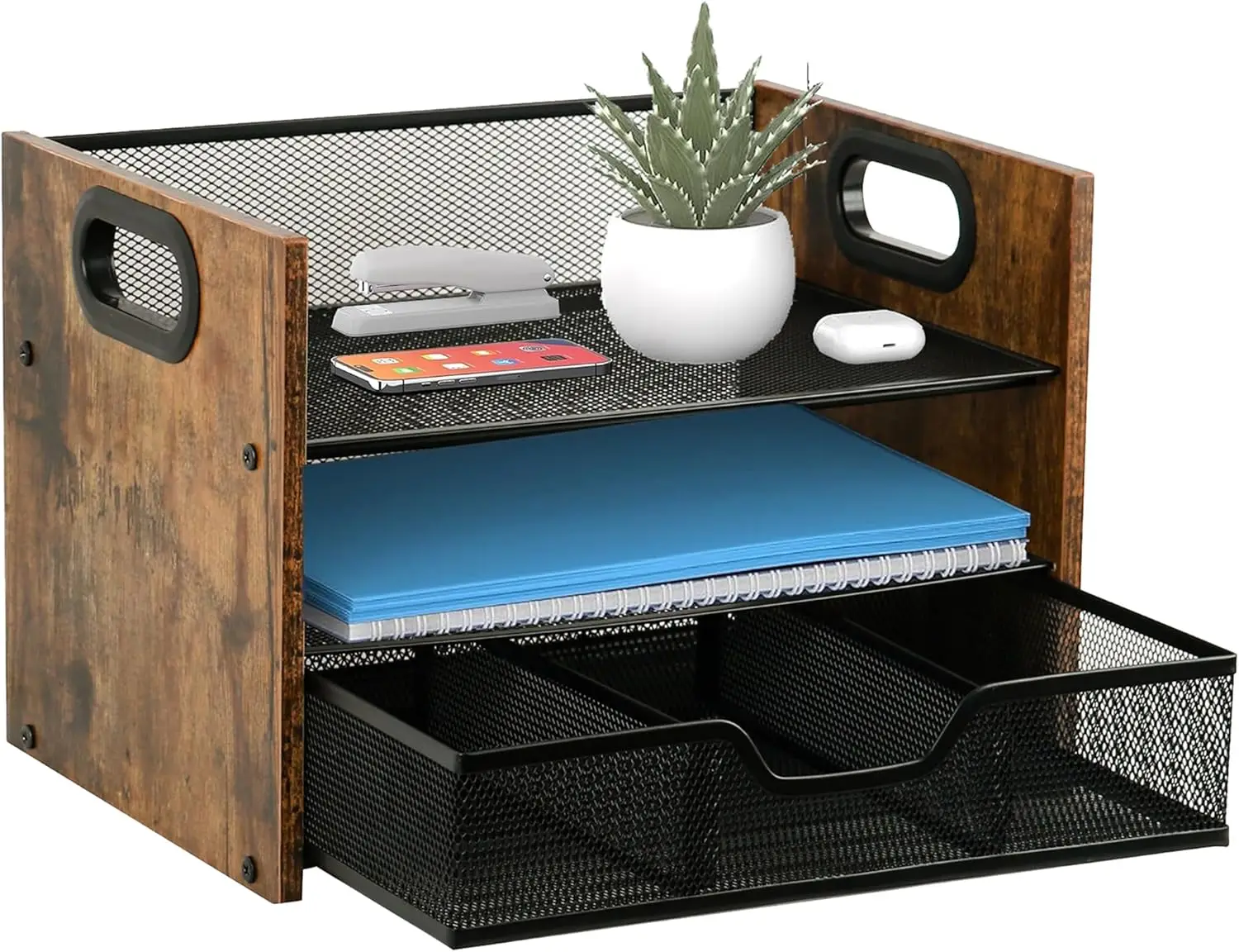 

Wood Desk Organizer 3 Tier Desktop File Organizer with Drawer Wooden Paper Tray Office Desk Organzier and Accessories