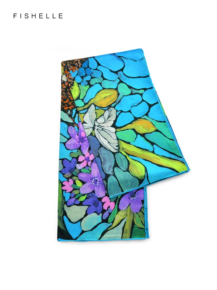 Bluish violet flower birds oil painting scarves women 100% natural silk twill 90*90 square scarf ladies bandana luxury hijab