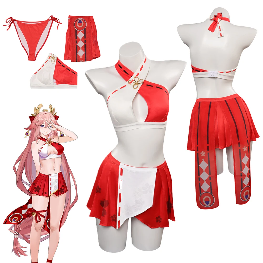 Genshin Impact Yae Miko Cosplay Women Swimsuit Costume Outfit Female Girls Sexy Dress Halloween Carnival Party Disguise Swimwear