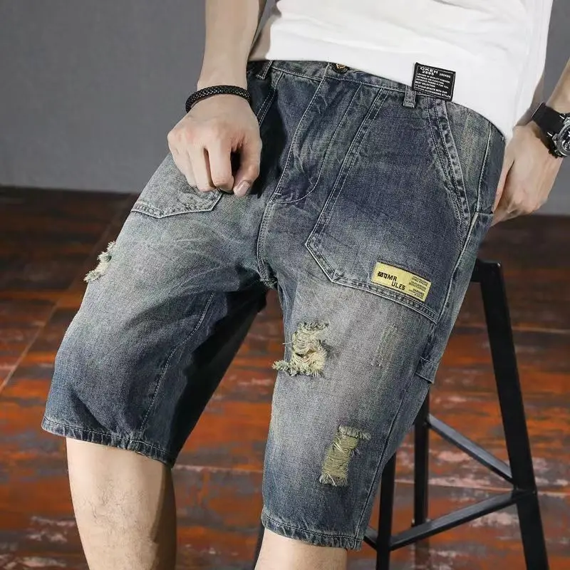 

Ripped Jean Shorts Men Loose Comfort Plus Size 5 Inch Inseam Cargo Workwear Summer Thin Trendy Urban Cool Stylish Relaxed Wear