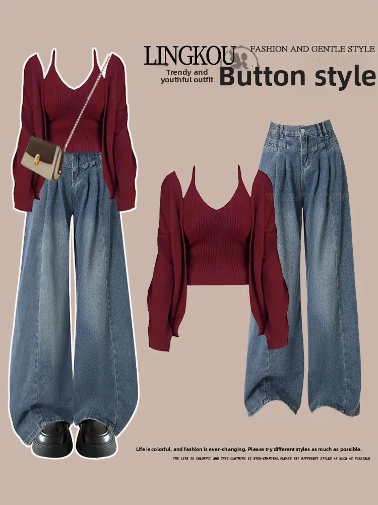 

Женский осенний джинсовый комплект больших размеров для похудения, красный вязаный топ Csole, широкие брюки, футболка, комплект с высокой талией, длинные брюки, вязаный...