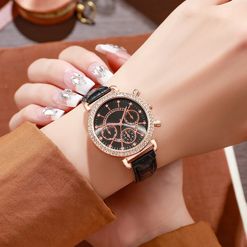 

Разноцветные кварцевые женские часы из розового золота с модным кожаным ремешком для внешней торговли.