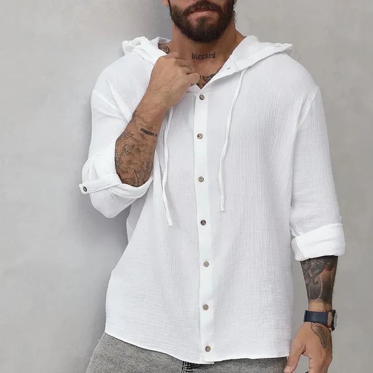 

Summer Men's Hooded Cardigan Shirt Elegant Solid Color Beach Wear Long Sleeve Button Up Shirt Casual Breathable Sun Protection