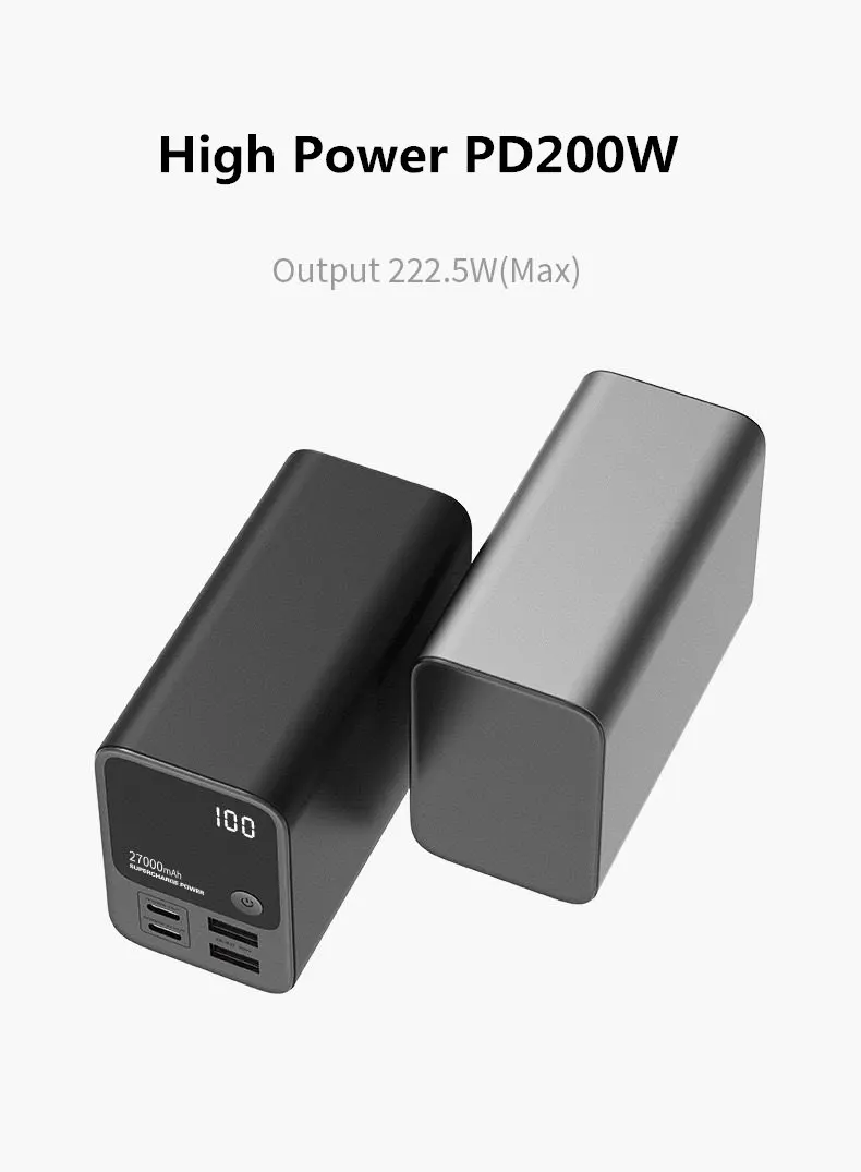 Big-capacity power bank PD 200W 27000MAH 5V 9V 12V 15V 20V 5A USB QC4.0 Super Charge VOOC Li-polymer battery