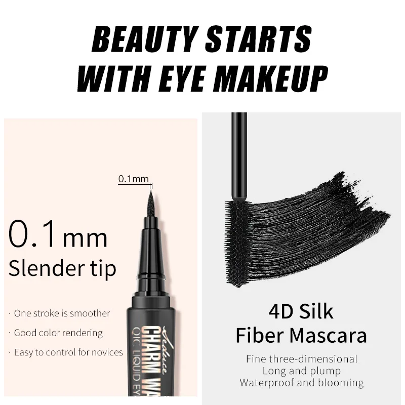 4D Mascara Thick Slender Curly Waterproof and Sweatproof 24h Lasting Effect Without Smudge 2in1 Mascara & Eyeliner Pen Tools