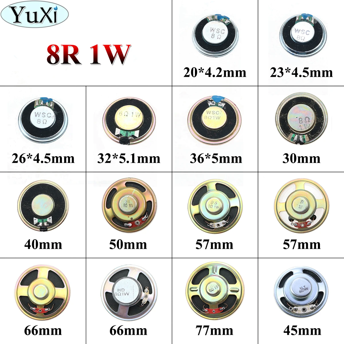 YuXi 1W 8R Acoustic Loudspeaker 8 Ohm 1W Speaker Diameter 20 23 26 32 36 40 50 57 66 mm Round Speakers For Audio Diy Electronic