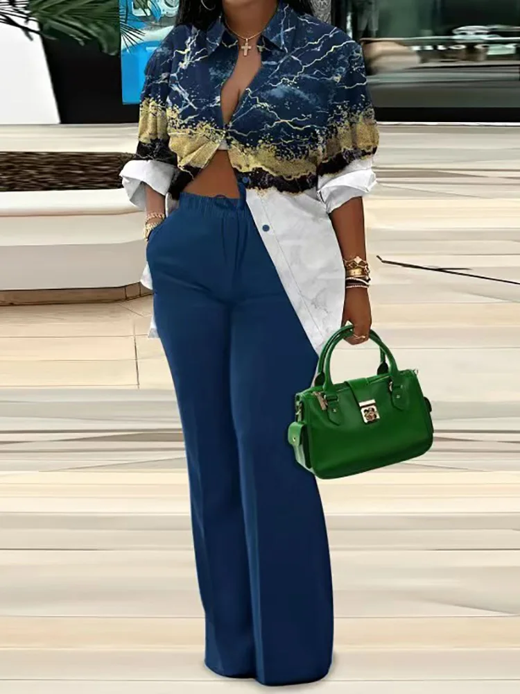 

Button Shirt Long Pants Office Lady Outfit Full Sleeve Tops Loose Pants Two Piece Set Women Casual Trousers Summer Matching Suit