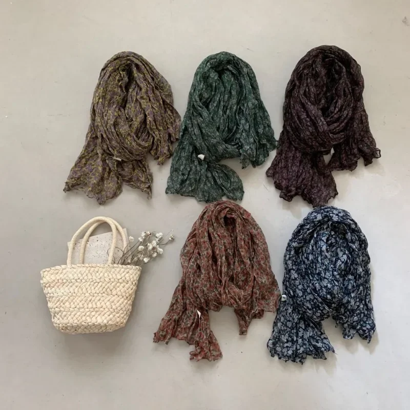 

Хлопковая дышащая шаль с этническим цветочным принтом, летний легкий и тонкий ретро литературный и художественный веер, средний и длинный женский шарф Mori