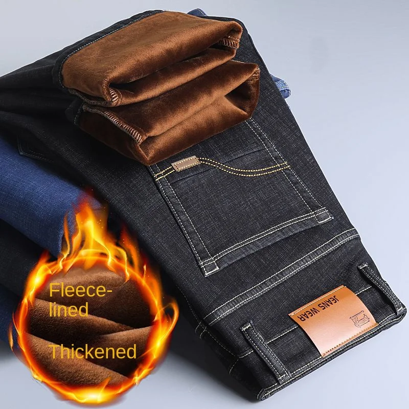 Men's Winter Fleece Warm Jeans Fashion Business Pants Vintage Classic Trousers Autumn Leisure Elastic Straight Work Jeans Men