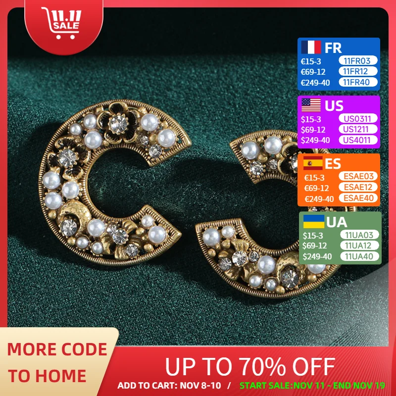 

Vintage C-Shaped Flower Pearl Earrings For Woman Antique Gold Color Rhinestone Luxury Brand Designer Accessories 2025 Wedding